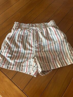 Madewell Cream Linen Blend Striped Shorts with Red and Blue Stripes Size Medium